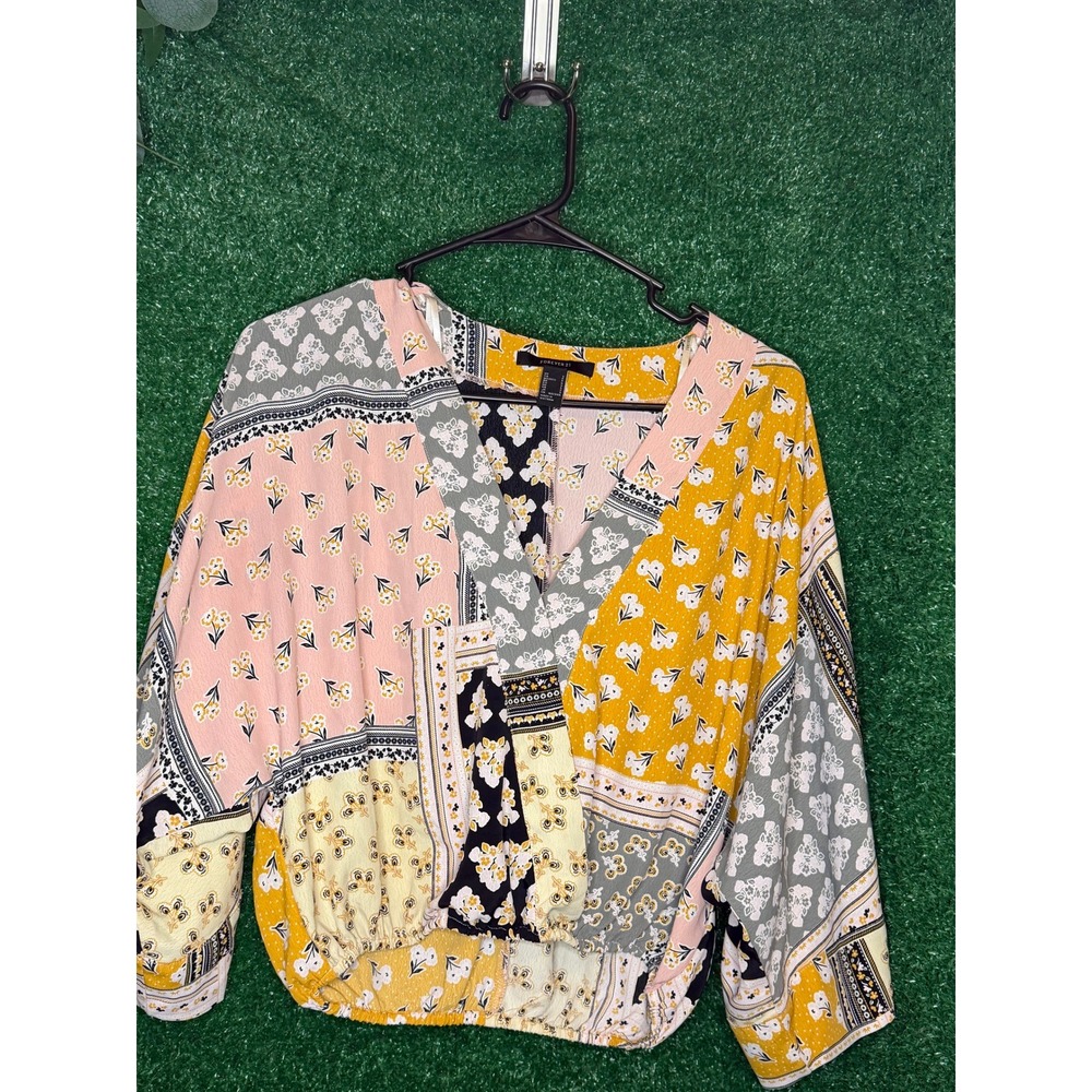 Forever 21 Floral Patchwork Boho Surplice Blouse Women's Small